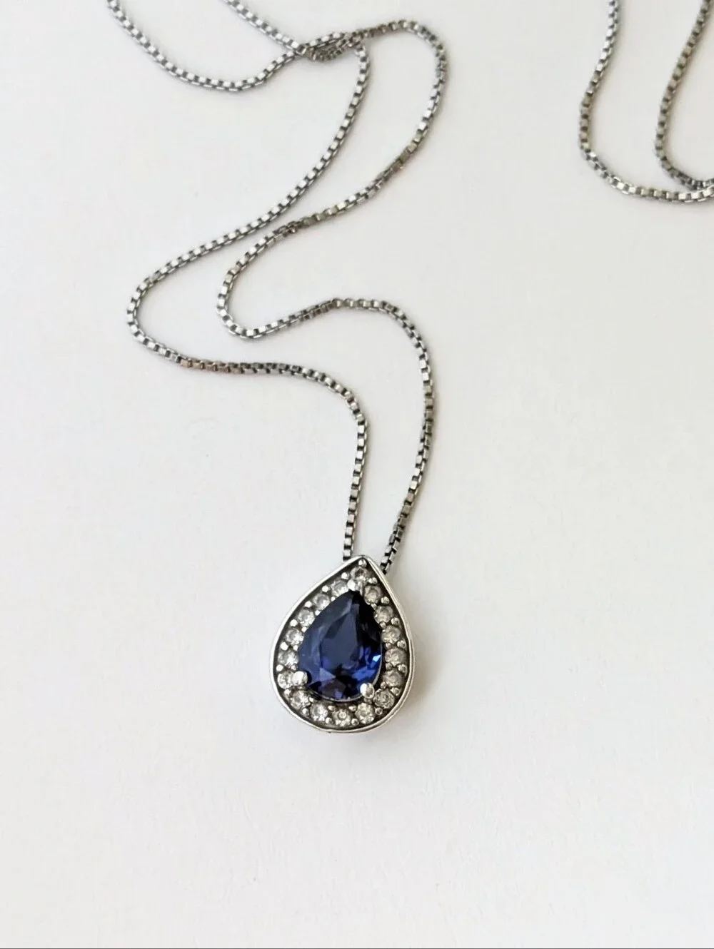 Sterling silver necklace Pear shaped lab blue white sapphire 925 JWBR KA 1772
